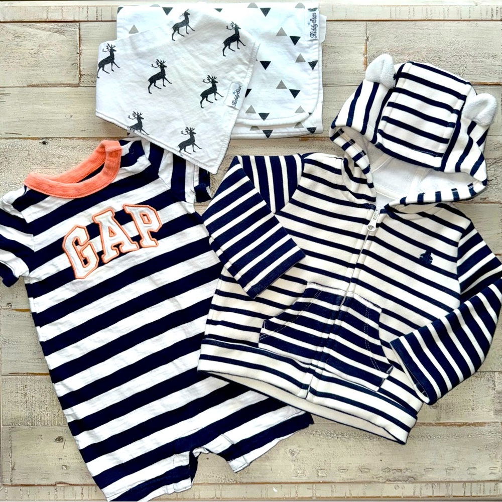 Baby gap baby boys 3-6 SS snap romper, hooded striped sweatshirt & extras!